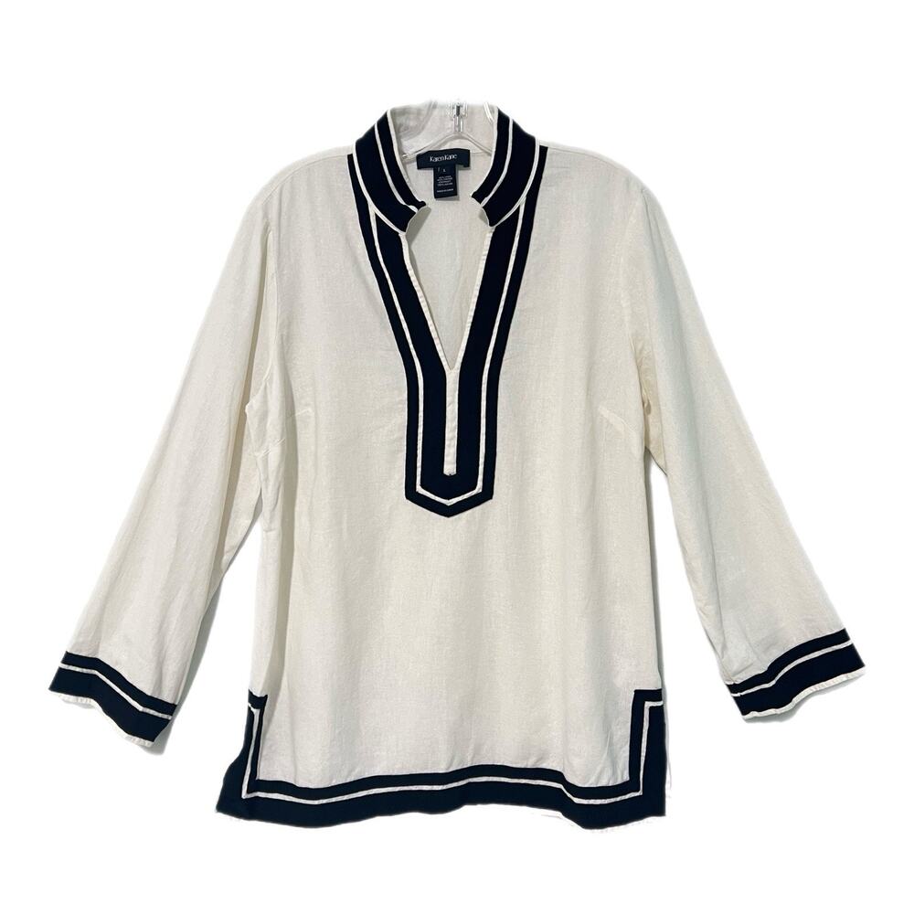 Karen Kane Large Linen Blend St Tropez Tunic Top Cream Stripe V-Neck Long Sleeve